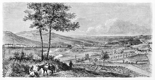 Large lost on the horizon view of Marne vineyards landscape from Mont-Bernon, France. Ancient grey tone etching style art by Lancelot, Le Tour du Monde, Paris, 1861