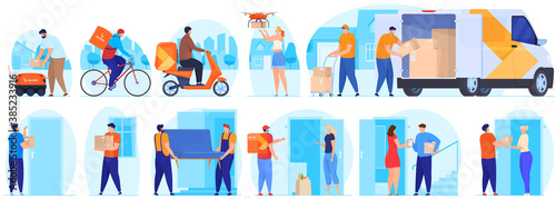 Delivery service. The courier delivers the package. Delivery of products during coronavirus. Delivery by drone  scooter  bicycle  car. Loaders carry a sofa. Vector illustration