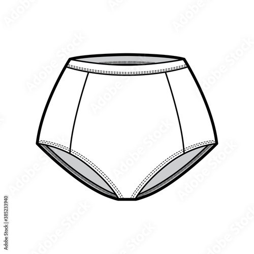 Control briefs panties underwear technical fashion illustration with mid waist rise, full hips coverage. Flat boxers lingerie template front, white color style. Women men unisex CAD mockup