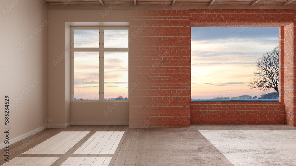 Obraz premium Interior design renovation, before and after, repair, wall painting, parquet flooring, bamboo wooden ceiling, steps of development, home renewal concept background with copy space