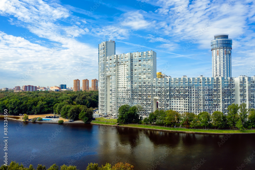 Aerial view of residential buildings in the city of Khimki on the bank of the Moscow Canal