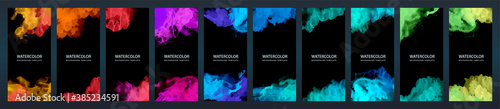 Big set of bright vector colorful watercolor on vertical black background for flier or brochure