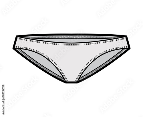 Bikinis technical fashion illustration with elastic waistband, low rise, medium hips coverage. Flat cheekini panties briefs lingerie template front, grey color. Women men unisex underwear CAD mockup