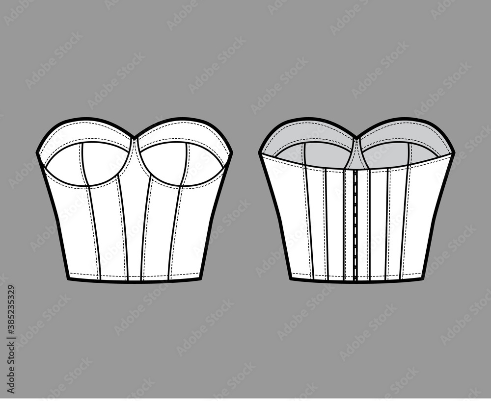 Bustier Corsetry lingerie technical fashion illustration with molded cup, bones, hook-and-eye closure, slim fit. Flat brassiere template front, back white color style. Women men underwear CAD mockup