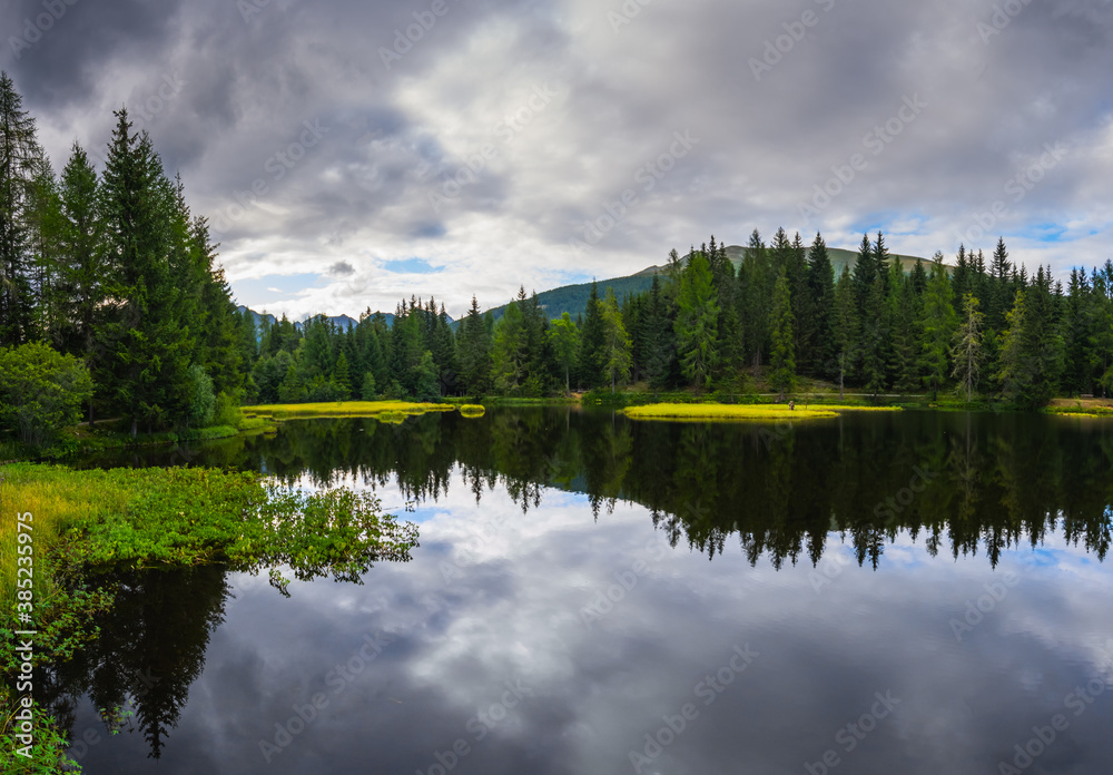 reflection with pine trees in the water form a mountain lake