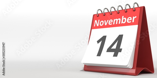 November 14 date on the flip calendar page, 3d rendering