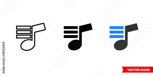 Playlist icon of 3 types color, black and white, outline. Isolated vector sign symbol.
