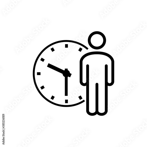 Tiempo de espera. Horario de trabajo. Icono plano lineal hombre con reloj en color negro