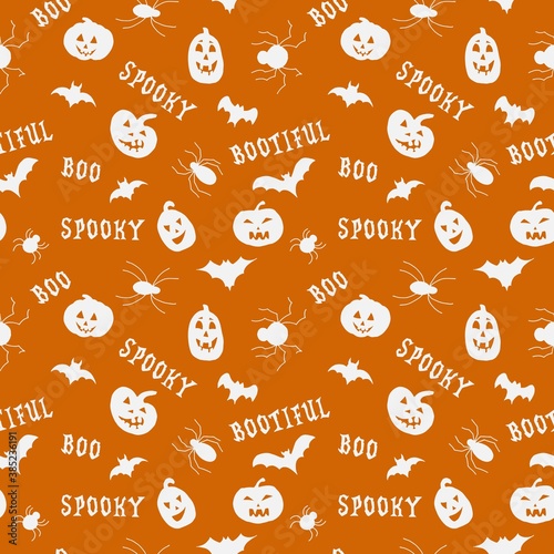 Halloween. Seamless pattern with lettering, pumpkins, bats and spiders. 