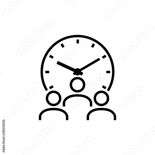 Tiempo de espera. Horario de trabajo. Icono plano lineal grupo de personas con reloj en color negro