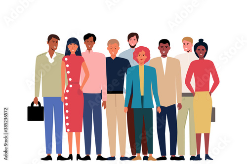 
portrait of assorted multiracial young friends over white background in flat vector style. joint work. Modern men, young women in fashionable clothes for various purposes. happy meeting of friends