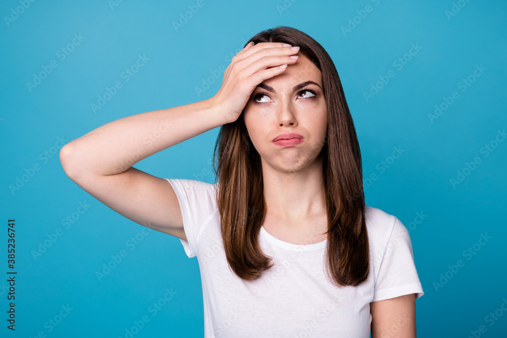 Photo of frustrated exhausted overwhelmed girl touch hand forehead suffer work high corona virus temperature migraine fever wear stylish trendy white outfit isolated blue color background