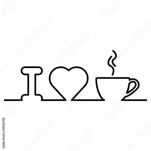 I love coffee. Logotipo línea continua con letra i corazón y taza de café con humo en color negro