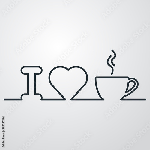 I love coffee. Logotipo línea continua con letra i corazón y taza de café con humo en fondo gris