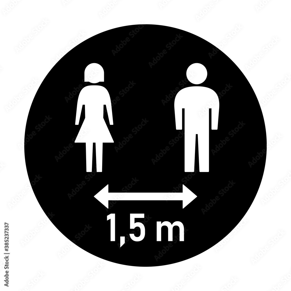Keep Your Distance 1,5 m or 1,5 Metres Round Social Distancing Instruction Sticker Icon with Male and Female Figures. Vector Image.