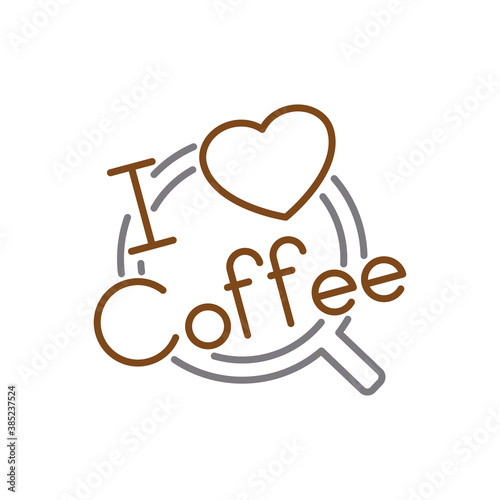 I love coffee. Logotipo con texto y corazón sobre taza de café en marrón y gris