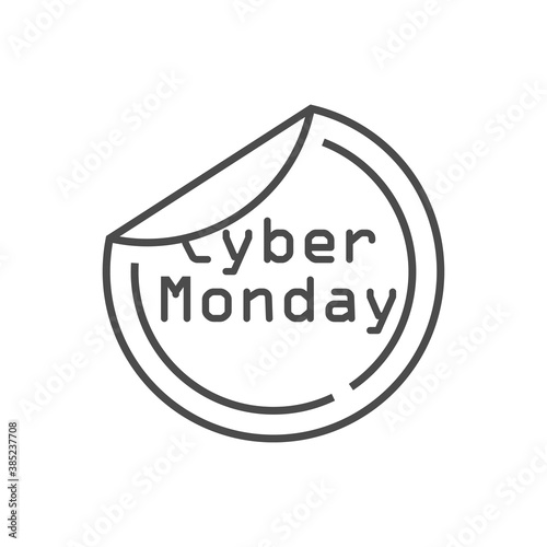 Ofertas del Cyber Monday. Logotipo lineal con texto Cyber Monday en pegatina doblada en color gris