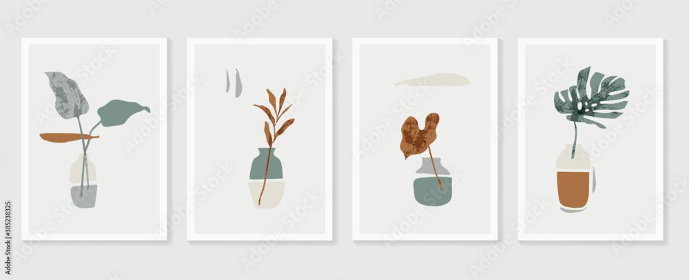 Botanical Monstera wall art vector set. Earth tone boho foliage line art drawing with  abstract shape.  Abstract Plant Art design for print, cover, wallpaper, Minimal and  natural wall art..