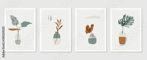 Botanical Monstera wall art vector set. Earth tone boho foliage line art drawing with  abstract shape.  Abstract Plant Art design for print, cover, wallpaper, Minimal and  natural wall art..