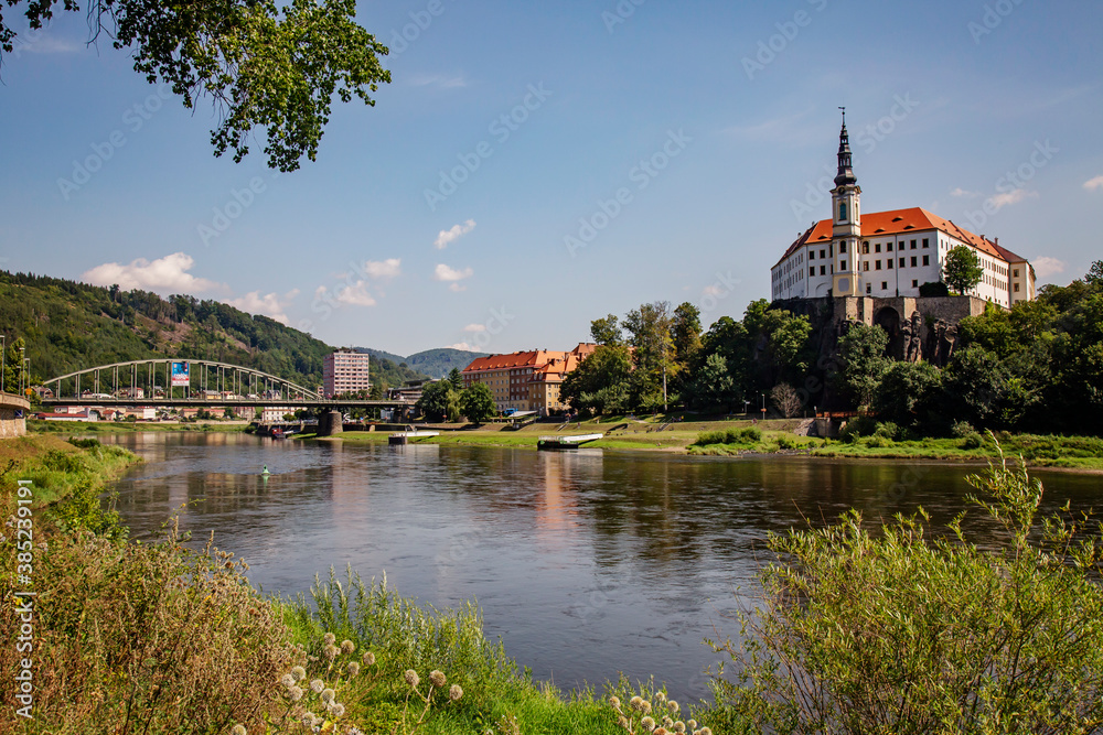 Decin castle with dramatic sky, Czech republic