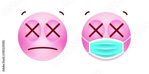 Cute Pink Emoticon with Cartoon Style with Medical Facial Mask on White Background . Isolated Vector Illustration 