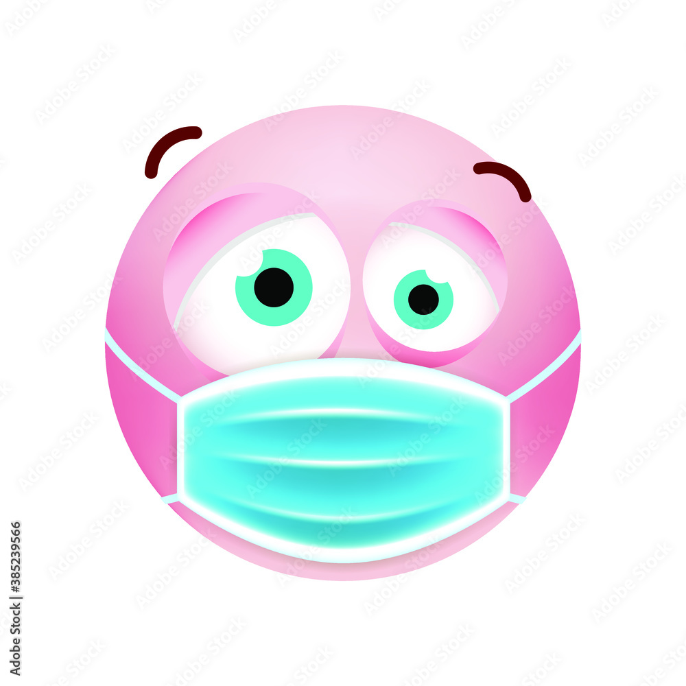 Fototapeta premium Cute Pink Emoticon with Cartoon Style with Medical Facial Mask on White Background . Isolated Vector Illustration