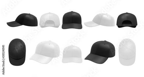 White and black caps set. Collection of realism style drawn sport baseball headwear template from front top side and back view or angle. Illustration of summer uniform hat with visor mockup.