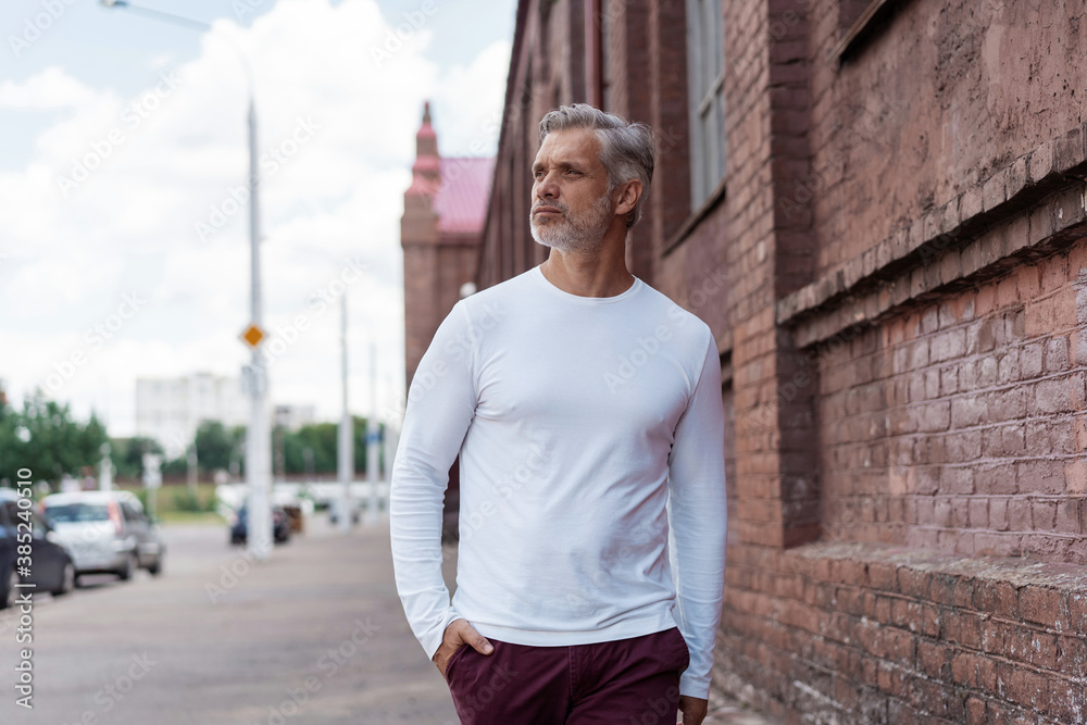 Obraz premium Portrait of a Grey-haired Mature handsome man in jeans and white t-shirt leaning to the old wall.