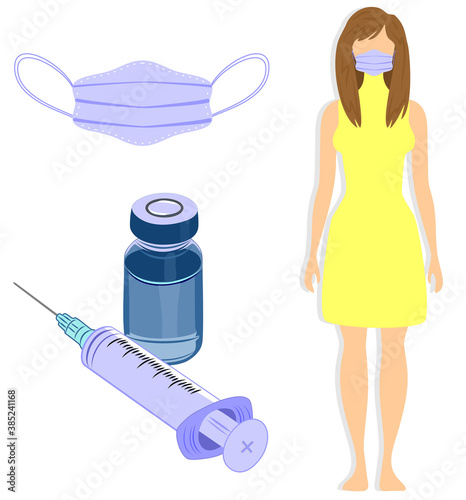 Vector illustration on the theme of the coronavirus pandemic. Image of a girl in an individual protection mask, a syringe and a vial with a virus vaccine and a medical mask.