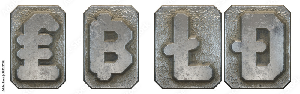 Set of symbols lira, baht, litecoin, dashcoin made of industrial metal on white background 3d