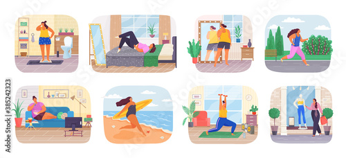 Life of fat woman. Over size women. Adult fat people curvy in casual clothes. Persons cartoon characters. Lifestyle of fat woman. Fat girl at mirror. Overweight female, weight body. Activity day