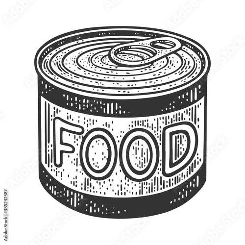 canned food tin sketch engraving vector illustration. T-shirt apparel print design. Scratch board imitation. Black and white hand drawn image.