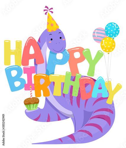 Dinosaur Happy Birthday Hat Balloons Illustration