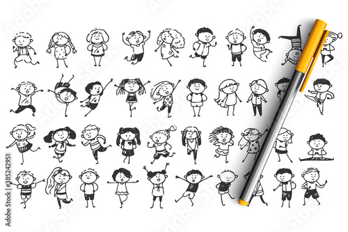 Children doodle set. Collection of hand drawn sketches templates patterns of happy and sad drawing children characters boys and girs on white background. Kids facial expression illustration.