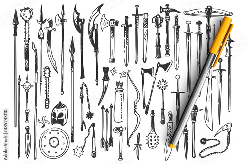 Weapons doodle set. Collection of hand drawn sketches templates patterns of medieval swords shields spears clubs helmets on white background. Historical knight armor illustration.