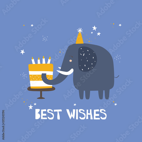 Hand drawn illustration, elephant, cake, stars, english text. Colorful background vector. Poster design with animal. Best wishes. Decorative backdrop, good for printing