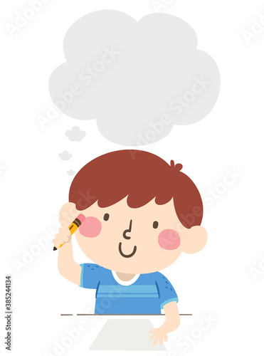 Kid Boy Write Paper Thinkin...