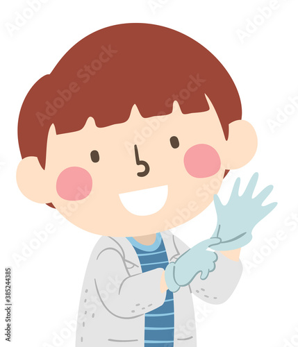 Kid Boy Wear Safety Gloves Laboratory Illustration