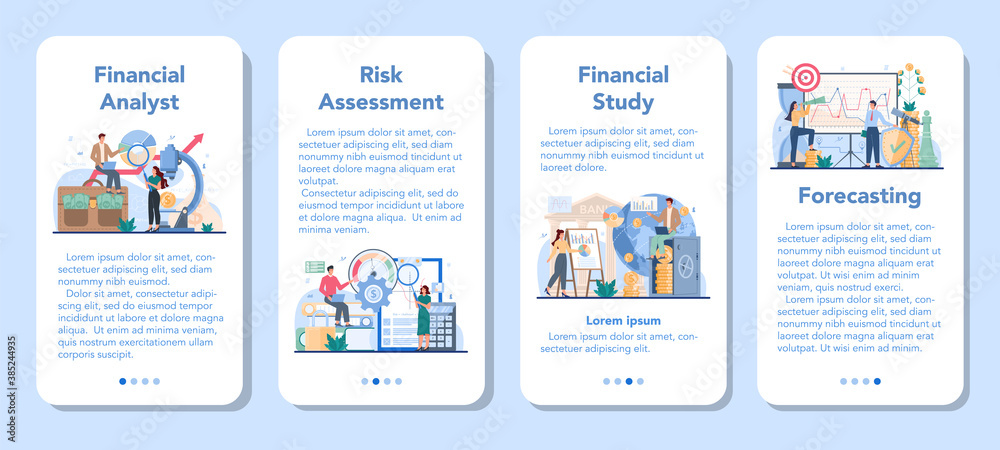 Financial analyst mobile application banner set. Business character