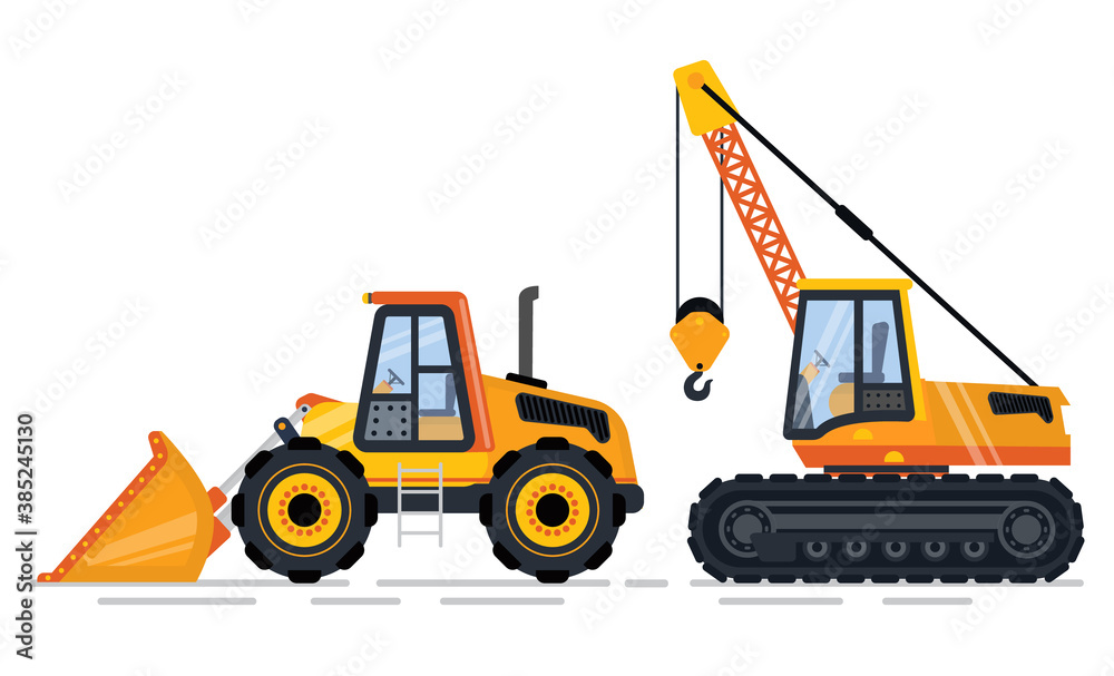 Machinery for construction vector, equipment for building. Isolated bulldozer and crane with hook to transport and lift heavy items. Machinery for work Machinery for construction vector, equipment for building. Isolated bulldozer and crane with hook to transport and lift heavy items. Machinery for work