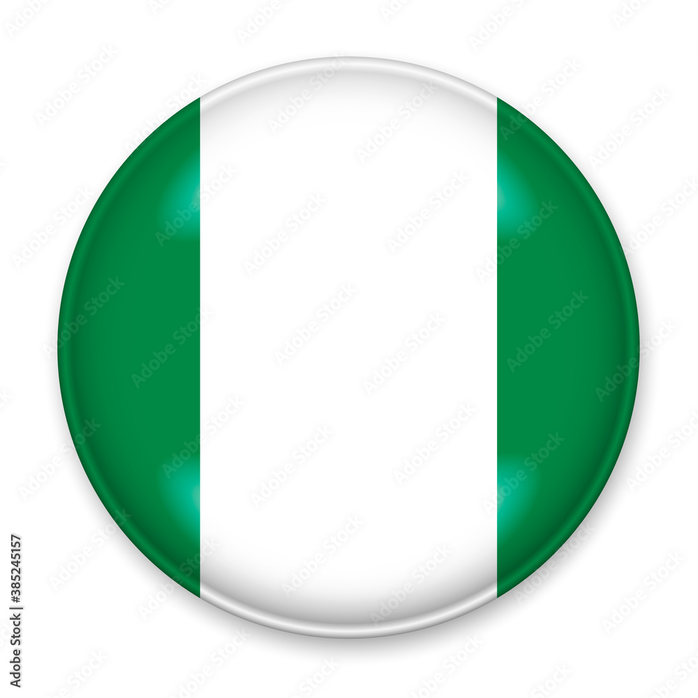 Flag of Nigeria in the form of a round button with a light glare and a shadow.