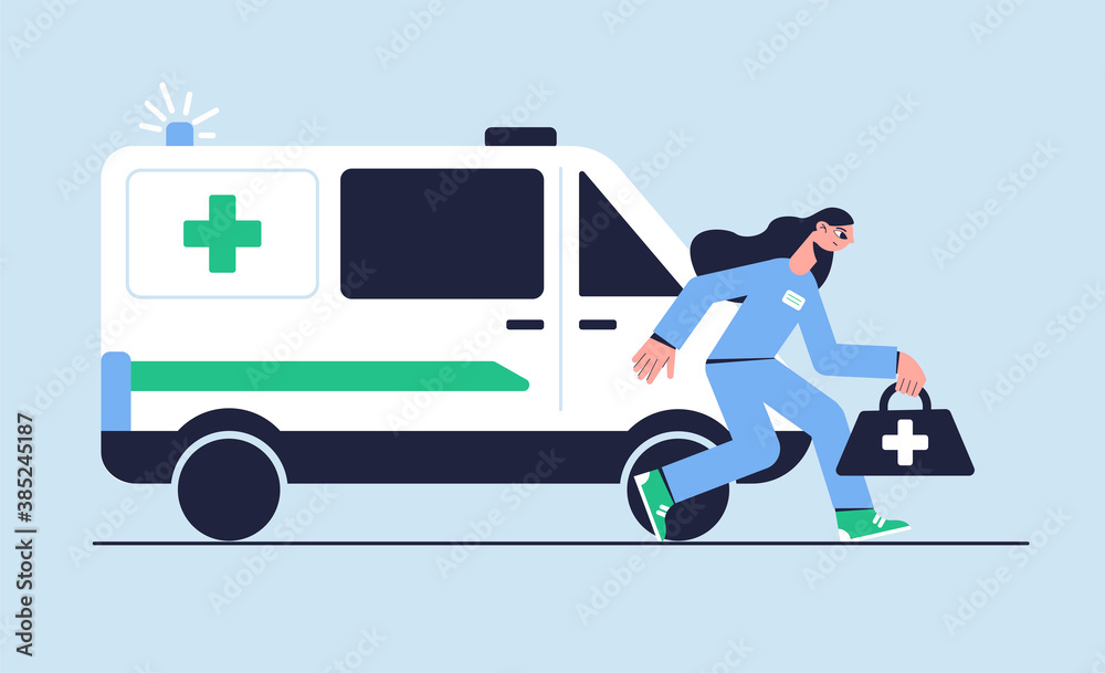 Vector illustration. Medical concept. The doctor rushes to the call. Ambulance car.