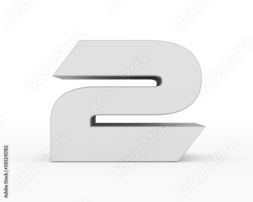 Number 2 - white gray futuristic 3d font standing isolated on white background