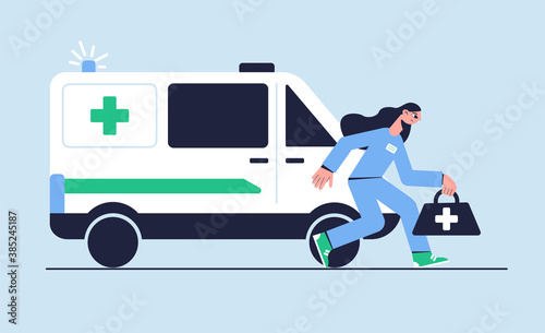Vector illustration. Medical concept. The doctor rushes to the call. Ambulance car.