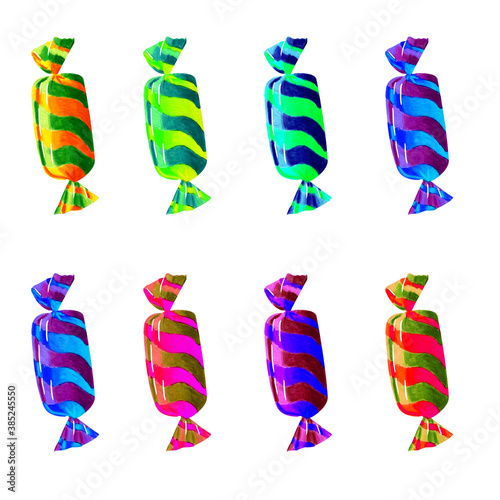 Set of neon colorful candy lollipop isolated on white background. Watercolor markers hand drawn illustrations. Concept of Halloween party, trick oe treat. Violet, orange, green, blue colors.