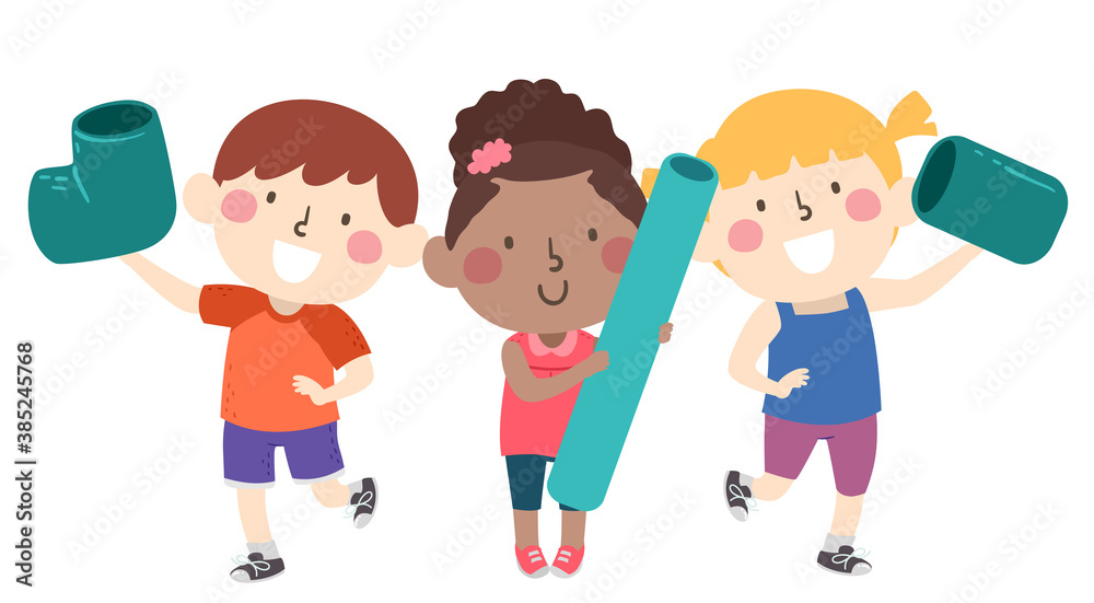 Kids Hold Pieces Big Pipes Connect Illustration Kids Hold Pieces Big Pipes Connect Illustration