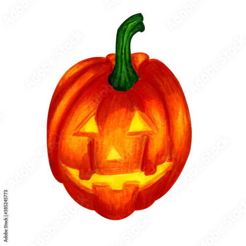 Halloween pumpkin with cut face for lantern isolated on white background. Watercolor markers hand drawn illustration in cartoon style. Concept of Halloween party celebrating, autumn.