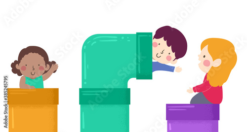 Kids In Pipes Waving Play Illustration