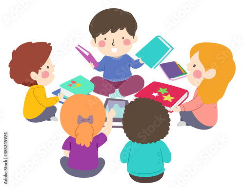 Kids Pick Books To Read Group Illustration