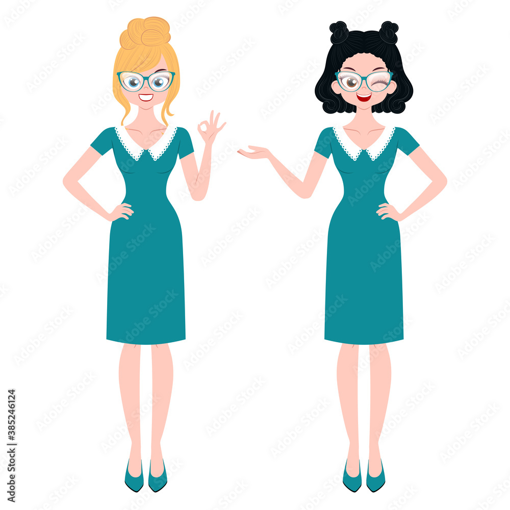 Young women characters with different gestures isolated on white background Young women characters with different gestures isolated on white background
